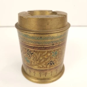 Vintage Brass Enamel Lidded Ashtray Stash Box – India Handmade Floral 4” - Picture 1 of 15