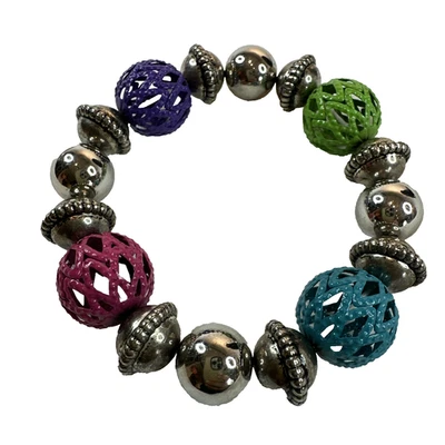 Pulsera gruesa elástica con cuentas de metal bisutería multicolor tono plata Foto 1 de 3