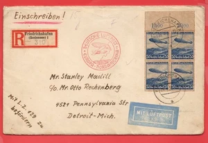 Deutschland 50pf ZEPPELIN Platte 4er Block auf Einschreiben LUFTPOST Brief nach USA 1936 - Bild 1 von 2