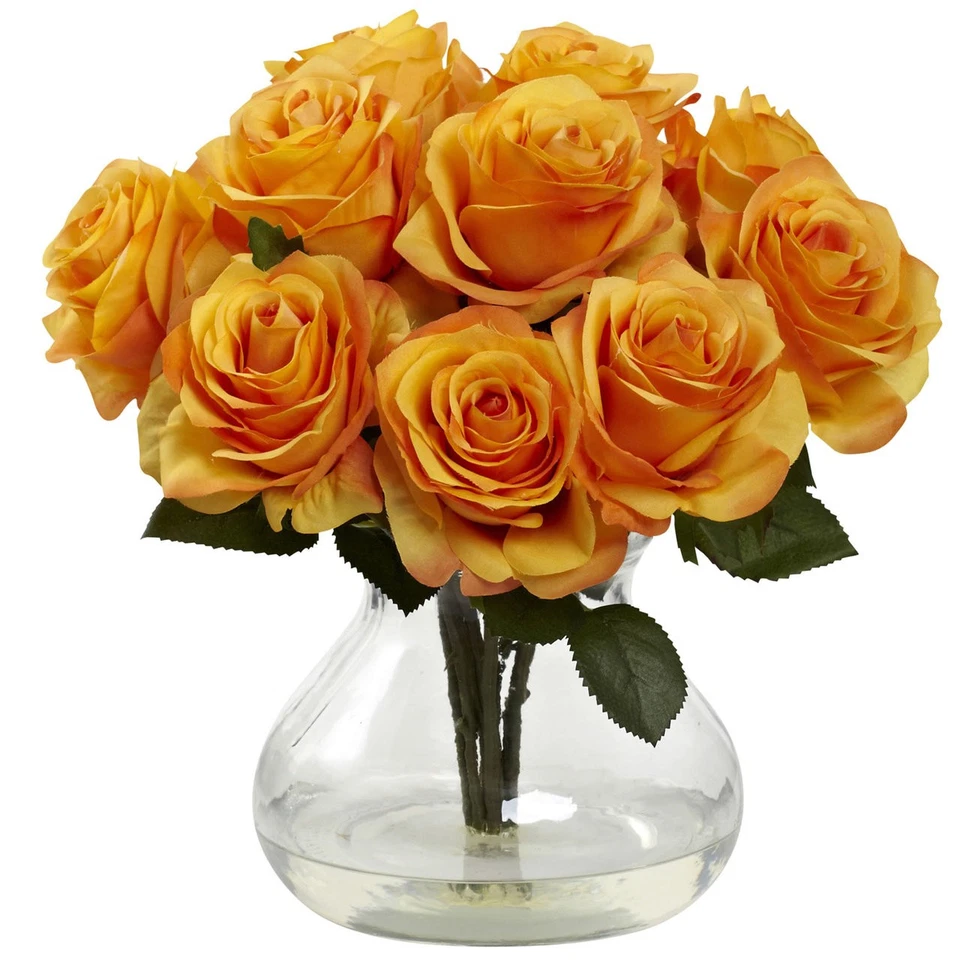 11" SILK ARTIFICIAL FLORAL ROSE FLOWER ARRANGEMENT w/ GLASS VASE ~ ORANGE YELLOW - Image 1 of 1