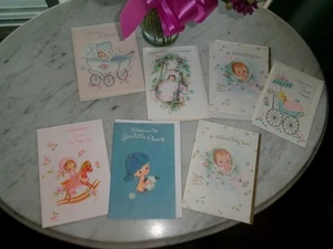 7 tarjetas de felicitación vintage nuevas para bebé niña ~ niño ~ la mayoría sin usar - Imagen 1 de 5