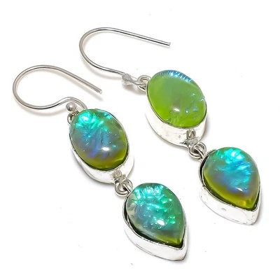 Pendiente de joyería de plata de ley 925 hecho a mano con piedras preciosas de ópalo triplete verde 2,13" Foto 1 de 4