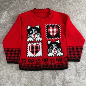 Vintage 80er Kätzchen Katze Pullover mit Rundhals Gr. XS Kind Herz Kidcore - Bild 1 von 4