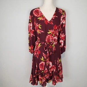 White House Black Market V-Neck Godet Dress, Burgundy Floral fall- Size 14 - Picture 1 of 18