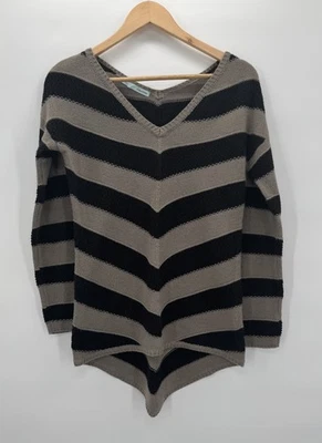 Suéter Maurices Vintage Doble Cuello en V Alto Lo Manga Larga Taupe Negro Rayas Talla M Foto 1 de 4