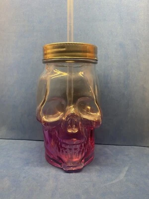 Cabeza de esqueleto de calavera / Vidrio rosa y transparente - Taza para sorber con pajita y tapa, 6" Foto 1 de 4
