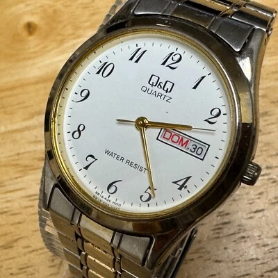 Reloj Cuarzo Vintage Q&Q Hombre Plateado Blanco Día Fecha Analógico Batería Nueva 7.25" Foto 1 de 4