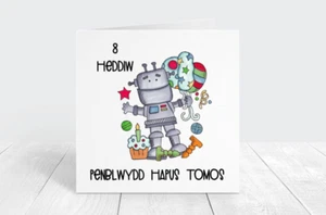 Welsh Personalised Robot Birthday Card, Any Name Or Age, Penblwydd Hapus - Picture 1 of 4