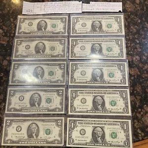 Mixed Bills Lot (10) Two Dollar Bills 1976 & 2006 Dollar Bills - Great Shape - Picture 1 of 7