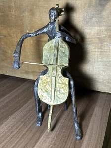 Bronze Brass Man Playing Cello Statue Sculpture Cellist MCM Vintage  - Picture 1 of 5