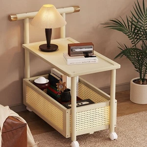 Mesa auxiliar de 2 niveles Mesa de centro Estante de almacenamiento rústico Estante Carro pequeño con 4 ruedas - Imagen 1 de 4