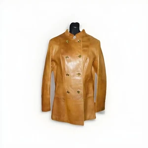 Vintage Virany S hellbraune Lederjacke zweireihig Mantel gebänderter Kragen S - Bild 1 von 9