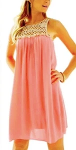 Lilly Pulitzer Shift Tank Coral Neon Dress Xs Pink Gold Pom Pom Detail - Picture 1 of 4