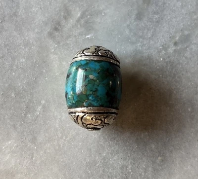  One Tibetan Silver Repousse Cap & Chrysocolla Bead  24x16mm CC234 - Image 1 of 2