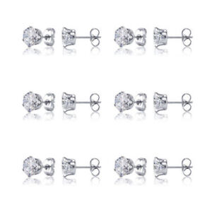 6 PACK SET Surgical Steel Crystal Ear Stud Earrings Cubic Zircon Round for Men