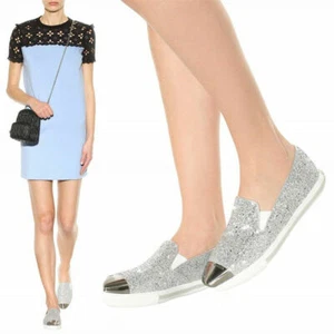 39.5 NEW $925 MIU MIU Womans Silver GLITTER METAL CAP TOP Slip on Skate SNEAKERS - Picture 1 of 17