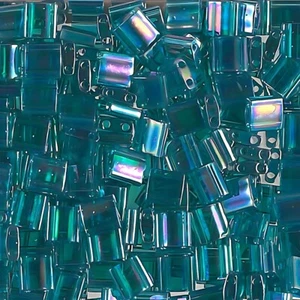 Miyuki Tila Beads 5mm 2-hole Square Tr Teal AB 7.2GM - Picture 1 of 3