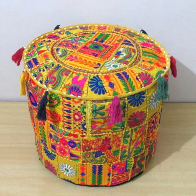 Pouf Cover Ottoman Indian Patchwork Handmade Pouffe Stool Decor Round Ethnic - Image 1 of 4
