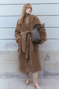 H&M Fluffy Tie-Belt Coat For Women (Mole) - Picture 1 of 6