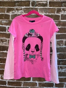 NWT GAP KIDS GRAPHIC T LONG SLEEVES MEDIUM 8 PANDA BEAR IN HAT PINK TEE SPARKLE - Picture 1 of 2