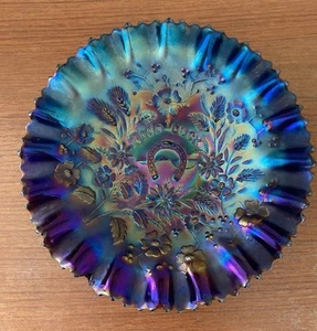 Northwood Good Luck Carnival Glass Bowl Electric Blue Pie Crust Rim - A/F - Picture 1 of 7