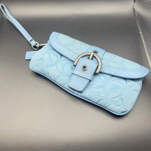 Coach Signature Logo Quilted Wristlet Blue Silver Clutch Wallet Y2K - Picture 1 of 17