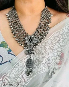 Indian Silver Plated Oxidized Heavy Necklace For Her Earring Women Jewelry - Picture 1 of 2