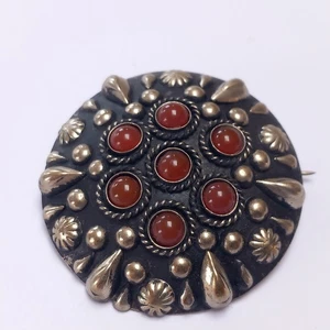 Antique Low Grade 800 Silver Middle Eastern Carnelian Cabochons Brooch...40mm - Picture 1 of 21