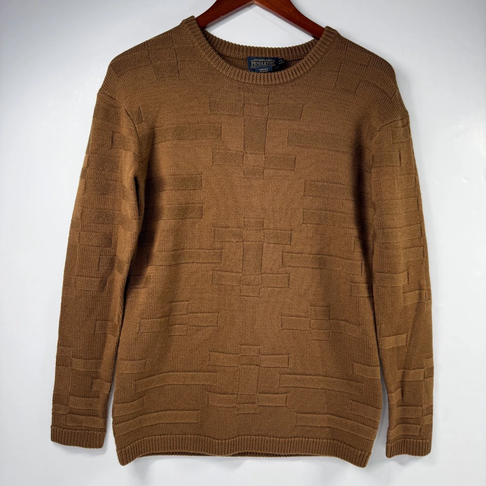 Pendleton 100% Merino Wool Textured Knit Crewneck Sweater Camel Brown Mens XS - Image 1 of 4