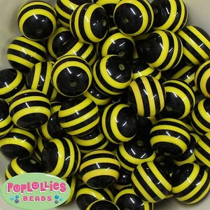20mm Black and Yellow Bee Stripe Resin Chunky Bubblegum Beads 20 pc - Picture 1 of 1