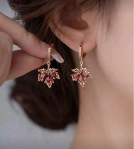 Bright Pear Ruby Leaf Design Women's Drop & Hoop Earrings In Pure 10K Rose Gold - Picture 1 of 4