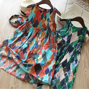 US Stock Kleinkind Mädchen asymmetrisches Rautenmuster ärmellos Kunst Sommerkleid - Bild 1 von 9