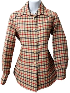 Vintage Woven Mod Shacket Top S M Disco Shirt Jacket Plaid Woven 70s Scarecrow - Picture 1 of 9