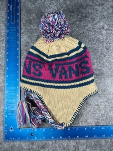 Vans Beanie Toque Adult One Size Ivory Purple Stripe Acrylic Ear Flap Tassel Pom - Picture 1 of 8