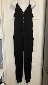 Women V-Neck Button Sleeveless Jumpsuit Small Black Elastic Tie Waist W/Pockets - Picture 1 of 11