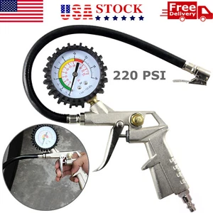 Dial Tire Inflator Gauge Flexible Hose 220 PSI Pistol Style Air Chuck Pneumatic - Picture 1 of 10