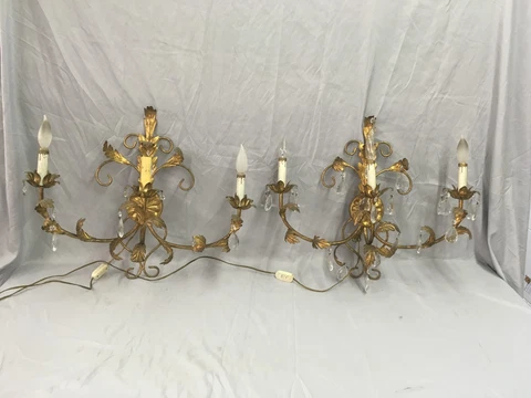 Vtg Lg Sconce Pair Gold Guild Leafy Tin Tole Lights Glass Prisms Italy 524-18E Cover