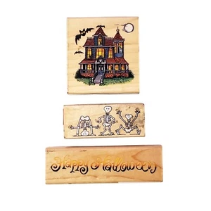 Haunted House Rubber Stamp, Skeletons Stamp & Happy Halloween Stamp Set - Picture 1 of 3
