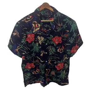 Polo Ralph Lauren Seersucker Textured Hawaiian Shirt Button Up Loop Collar Sz L - Picture 1 of 17