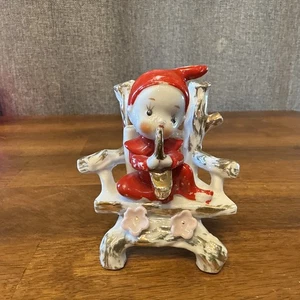 Vintage Pixie Elf Playing Saxophone Horn Wood Log Wooden Chair Ceramic MCM Red - Picture 1 of 12