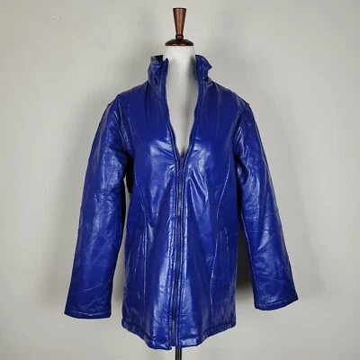 Chaqueta Tudor Court Mujer Pequeña Cuero Azul Acolchada Retazos Cremallera Cuello Foto 1 de 4