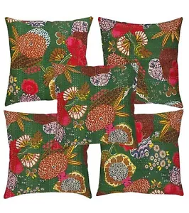 Conjunto De 5 Algodón Kantha Funda Cojín Bohemio Impresión Tropical 16 IN Verde - Imagen 1 de 7