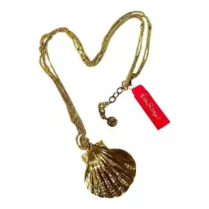 NWT Beautiful Lilly Pulitzer Hard to Find Gold & Crystal Seashell Long Necklace - Picture 1 of 3