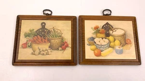 Vintage Wooden Picture Wall Plaques Set of 2 Cottage Farmhouse Crocks Produce - Picture 1 of 3