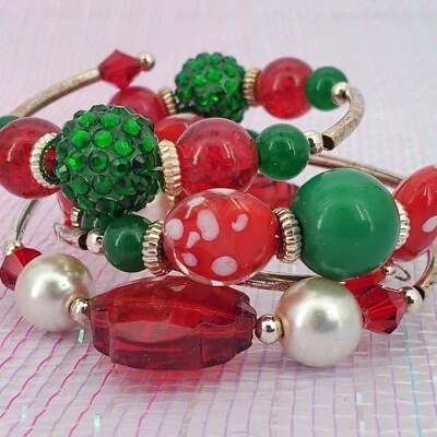 Christmas Bracelet Red Green White Acrylic Glass Crystal Pearl Gold FLAW - Image 1 of 4