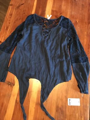 NWT MUDD Small Navy Blue Cross Front Lace Shirt Blouse Top Women Long Sleeve - Image 1 of 4