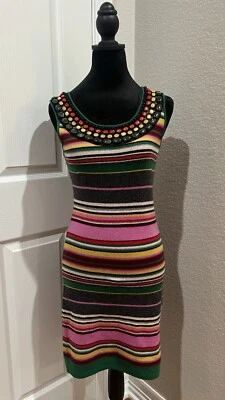 $495 Vestido Catherine Malandrino Rayas 100% Cachemira Cuentas Escote Talla M Foto 1 de 4