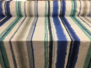 10 Metres Lucca Striped Cotton Fabric Lagoon Blue Aqua Grey Curtain Blind - Picture 1 of 5