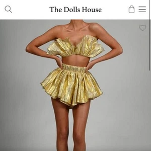 The Dolls House $468 Gold Crinkle Shelby Crop Top + Shorts Set - Picture 1 of 9