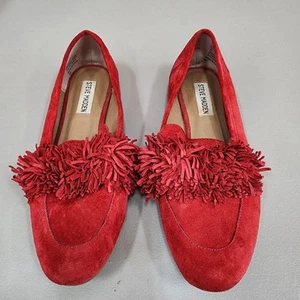 Steve Madden Belamy Red Suede Flats Size 8 Pom Pom Fringe Slip On Loafers - Picture 1 of 12